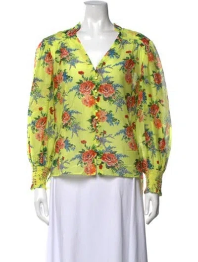 Pre-owned Alice And Olivia Floral Print V-neck Blouse In Yellow