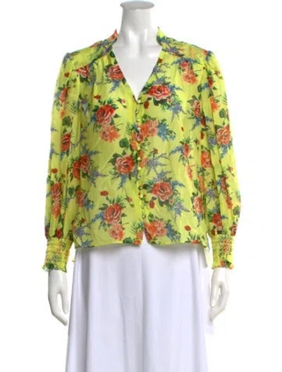 Pre-owned Alice And Olivia Floral Print V-neck Blouse In Yellow