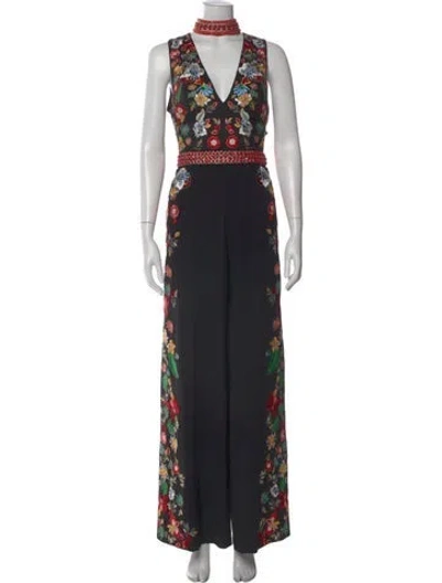 Pre-owned Alice And Olivia Floral Print V-neck Jumpsuit In Black