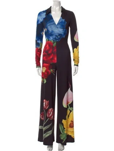 Pre-owned Alice And Olivia Floral Print V-neck Jumpsuit In Black