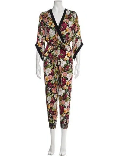 Pre-owned Alice And Olivia Floral Print V-neck Jumpsuit In Black