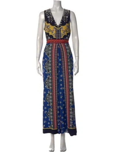 Pre-owned Alice And Olivia Floral Print V-neck Jumpsuit In Blue