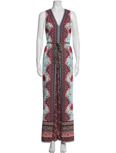 Pre-owned Alice And Olivia Floral Print V-neck Jumpsuit In Blue