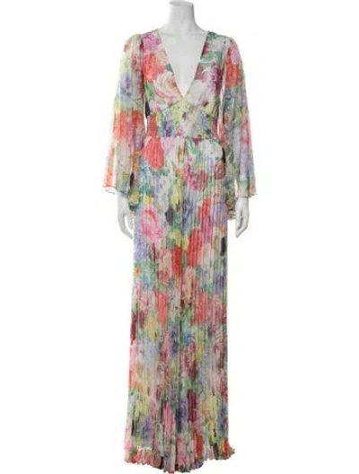 Pre-owned Alice And Olivia Floral Print V-neck Jumpsuit W/ Tags In Green