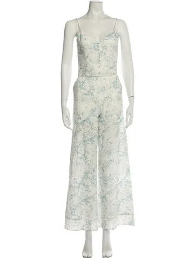 Pre-owned Alice And Olivia Floral Print V-neck Jumpsuit In White