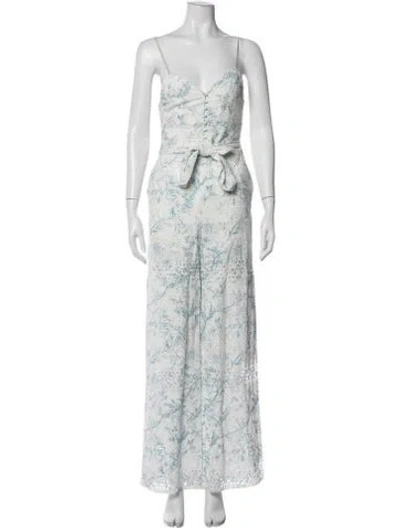 Pre-owned Alice And Olivia Floral Print V-neck Jumpsuit In White