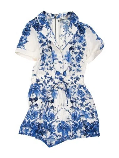 Pre-owned Alice And Olivia Floral Print V-neck Romper In Blue