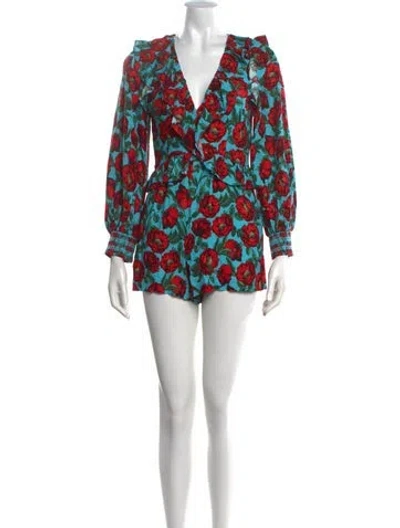 Pre-owned Alice And Olivia Floral Print V-neck Romper In Blue/red