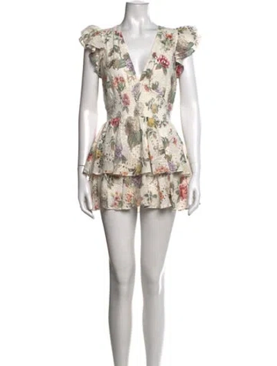 Pre-owned Alice And Olivia Floral Print V-neck Romper In Neutral
