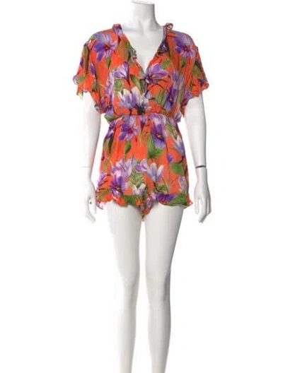 Pre-owned Alice And Olivia Floral Print V-neck Romper In Orange