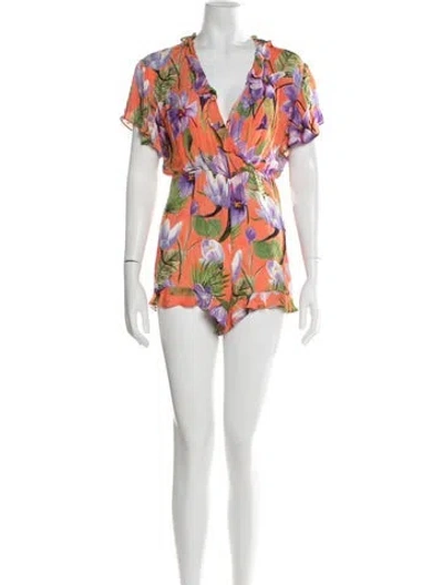 Pre-owned Alice And Olivia Floral Print V-neck Romper In Orange
