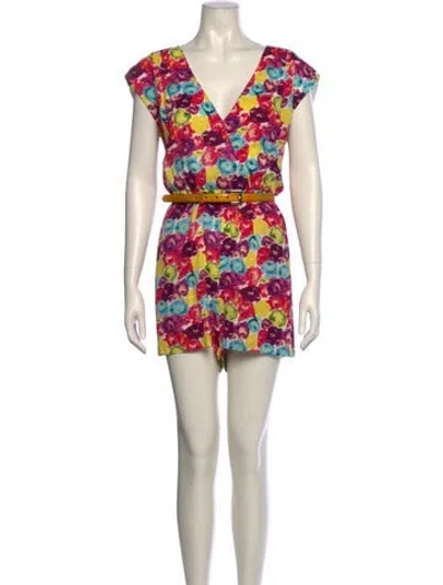 Pre-owned Alice And Olivia Floral Print V-neck Romper In Purple