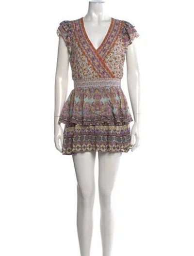 Pre-owned Alice And Olivia Floral Print V-neck Romper In Purple