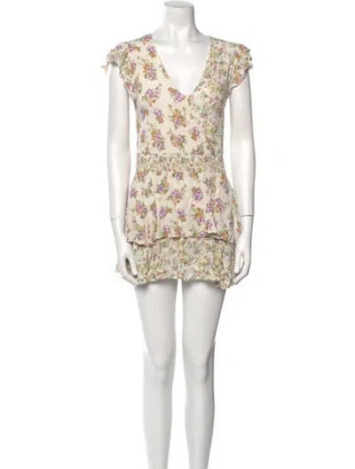 Pre-owned Alice And Olivia Floral Print V-neck Romper In White