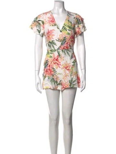Pre-owned Alice And Olivia Floral Print V-neck Romper In White