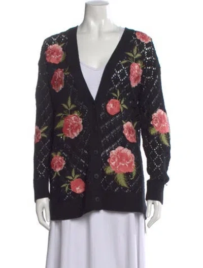 Pre-owned Alice + Olivia Floral Print V-neck Sweater In Black