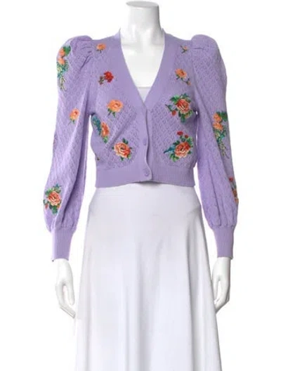 Pre-owned Alice And Olivia Floral Print V-neck Sweater W/ Tags In Purple