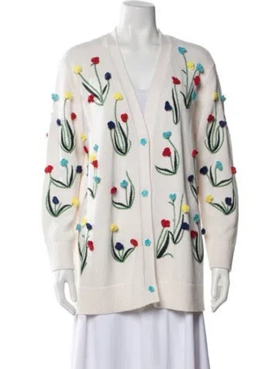 Pre-owned Alice And Olivia Floral Print V-neck Sweater W/ Tags In White