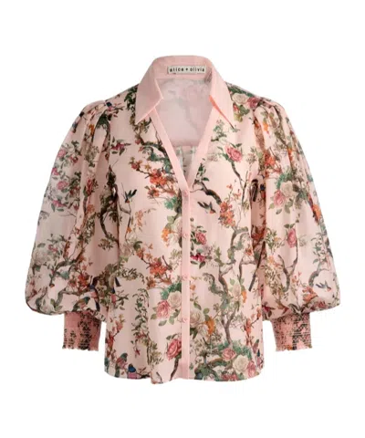 Alice And Olivia Floral Puff-sleeves Shirt In Brown