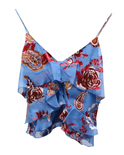 Alice And Olivia Alice & Olivia Floral Ruffled Sleeveless Croptop In Blue Silk