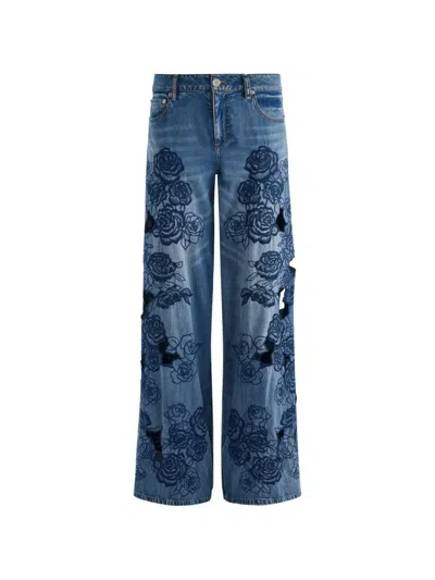 Alice And Olivia Floral-embroidered Cutout Jeans In Multi