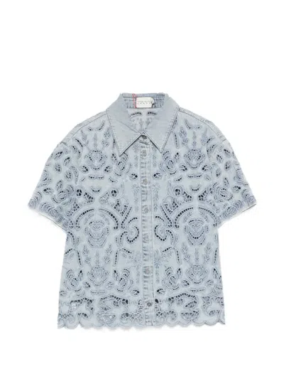 Alice And Olivia Floral-lace Button Shirt In Blue