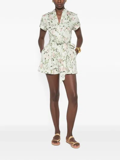 Alice And Olivia Floral-print Belted Playsuit In Green