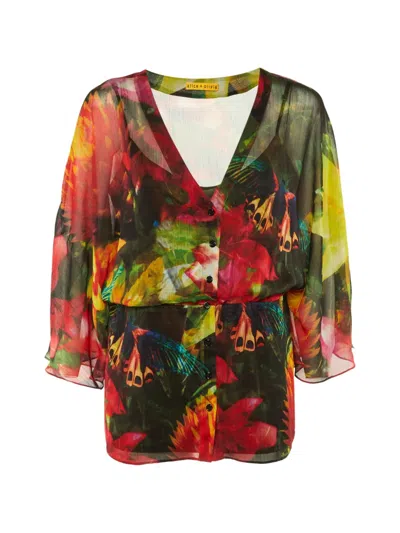 Pre-owned Alice And Olivia Floral-print Butterfly-print Top In Green