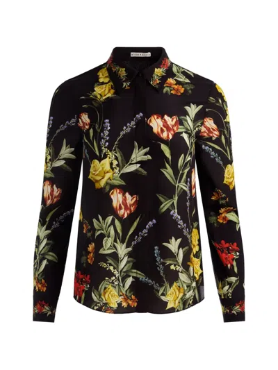 Alice And Olivia Floral-print Silk Shirt In Black