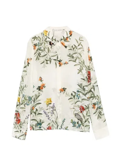 Alice And Olivia Floral Print Relaxed Fit Long Sleeve Shirt In White