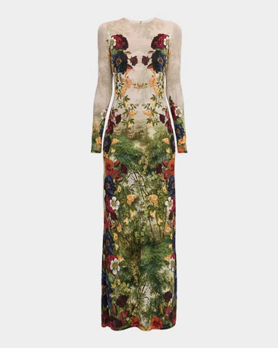 Alice And Olivia Delora Long Sleeve Crew Neck Maxi Dress Forbidden Forest In Multi