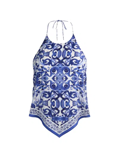 Alice And Olivia Frenchie Baroque-print Handkerchief-hem Top In Blue