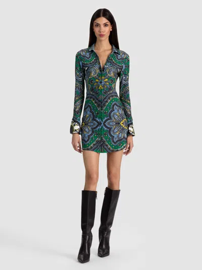 Alice And Olivia Freya Button Down Dress In Bon Voyage Deep Emerald