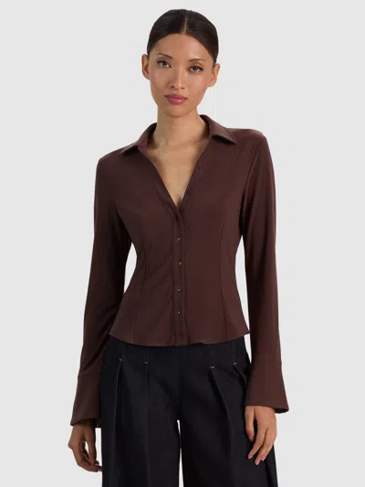 Alice And Olivia Freya Button Down Top In Dark Chocolate