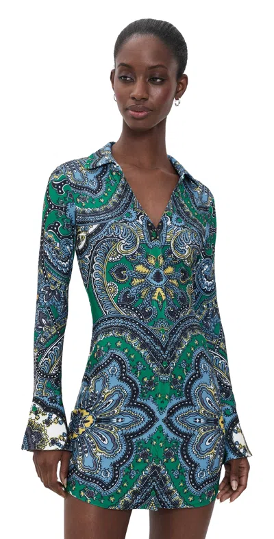 Alice And Olivia Freya Fitted Waist Mini Dress Bon Voyage Deep Emerald In Multi