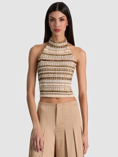 Alice And Olivia Gatz Linen Embellished Top In Multi