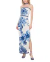 Alice And Olivia Georgie Embellished Strapless High Slit Gown With Collar In Affection