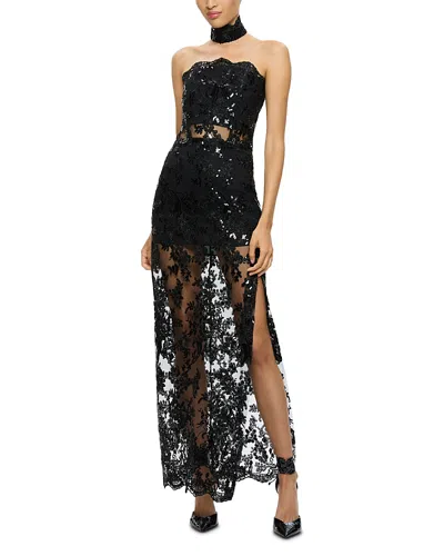 Alice And Olivia Georgie Embellished Strapless High Slit Gown With Collar In Black