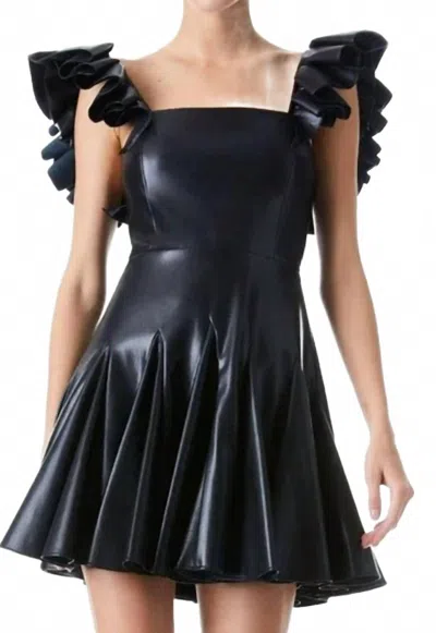 Alice And Olivia Ginny Ruffle Sleeve Vegan Leather Mini Dress In Black