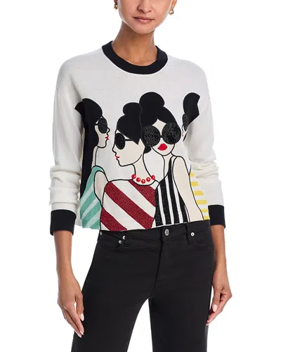 Alice And Olivia Gleeson Stace Face Beaded Sweater In Soft White Multi