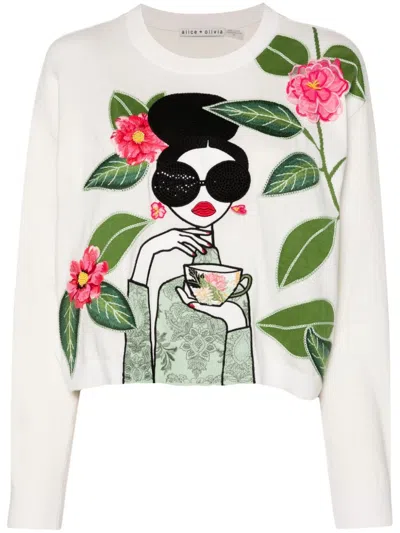 Alice And Olivia Alice + Olivia Cotton-blend Gleeson Sweatshirt In Soft White Multi