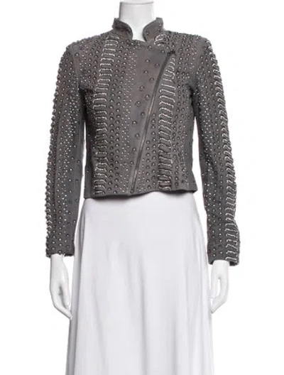 Pre-owned Alice And Olivia Goat Leather Patterned Biker Jacket In Gray