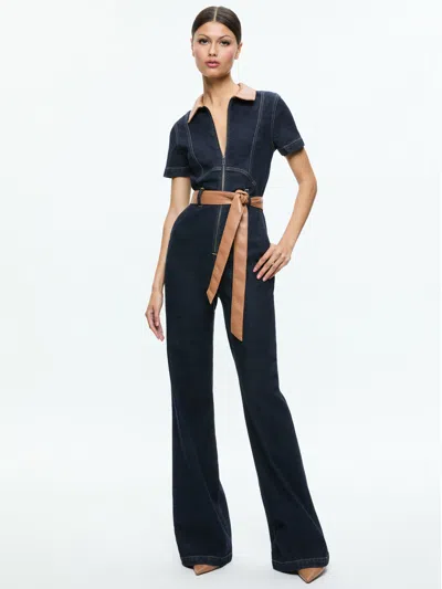 Alice And Olivia Gorgeous Wide Leg Jumpsuit In Dark Rinse