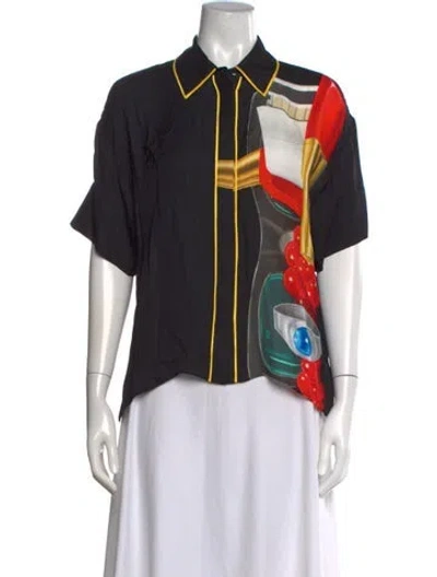 Pre-owned Alice And Olivia Graphic Print Short Sleeve Blouse W/ Tags In Black