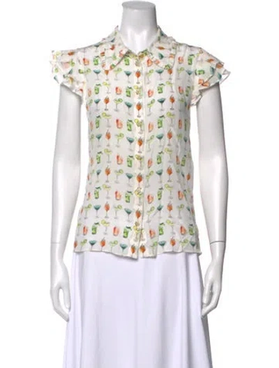 Pre-owned Alice And Olivia Graphic Print Short Sleeve Blouse In White