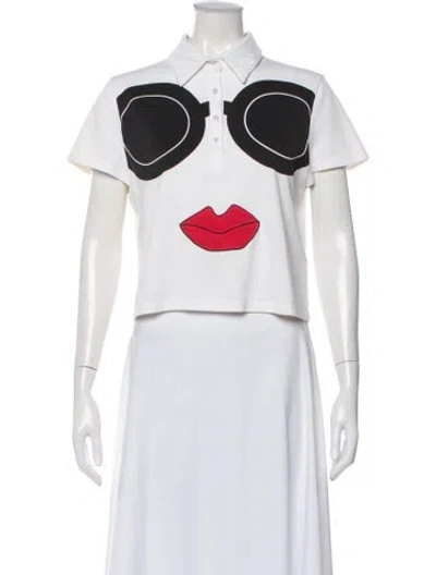 Pre-owned Alice And Olivia Graphic Print Short Sleeve Polo In White