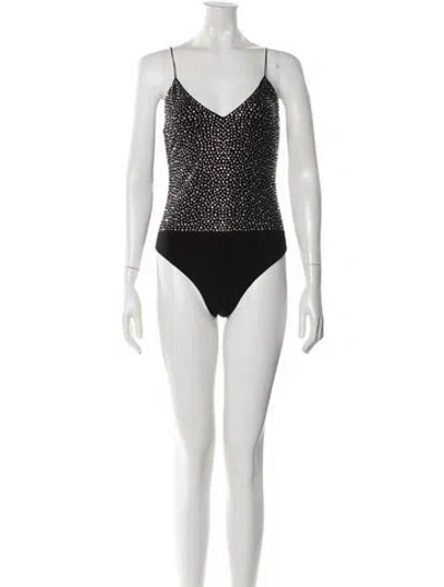 Pre-owned Alice And Olivia Graphic Print V-neck Bodysuit In Black