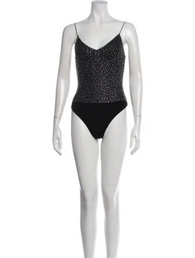 Pre-owned Alice And Olivia Graphic Print V-neck Bodysuit In Black