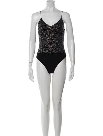 Pre-owned Alice And Olivia Graphic Print V-neck Bodysuit In Black