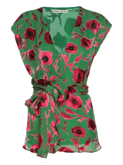 Pre-owned Alice And Olivia Poppy-print Wrap Top In Green